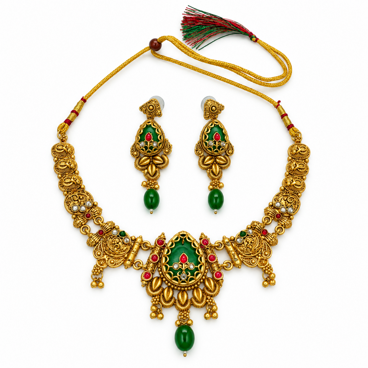 Oval green stone gold-plated necklace set included in Jasmine & Co. gift pack for Her