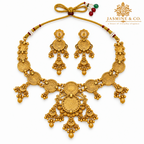 Back side view of gold-plated round green stone necklace set with matching earrings