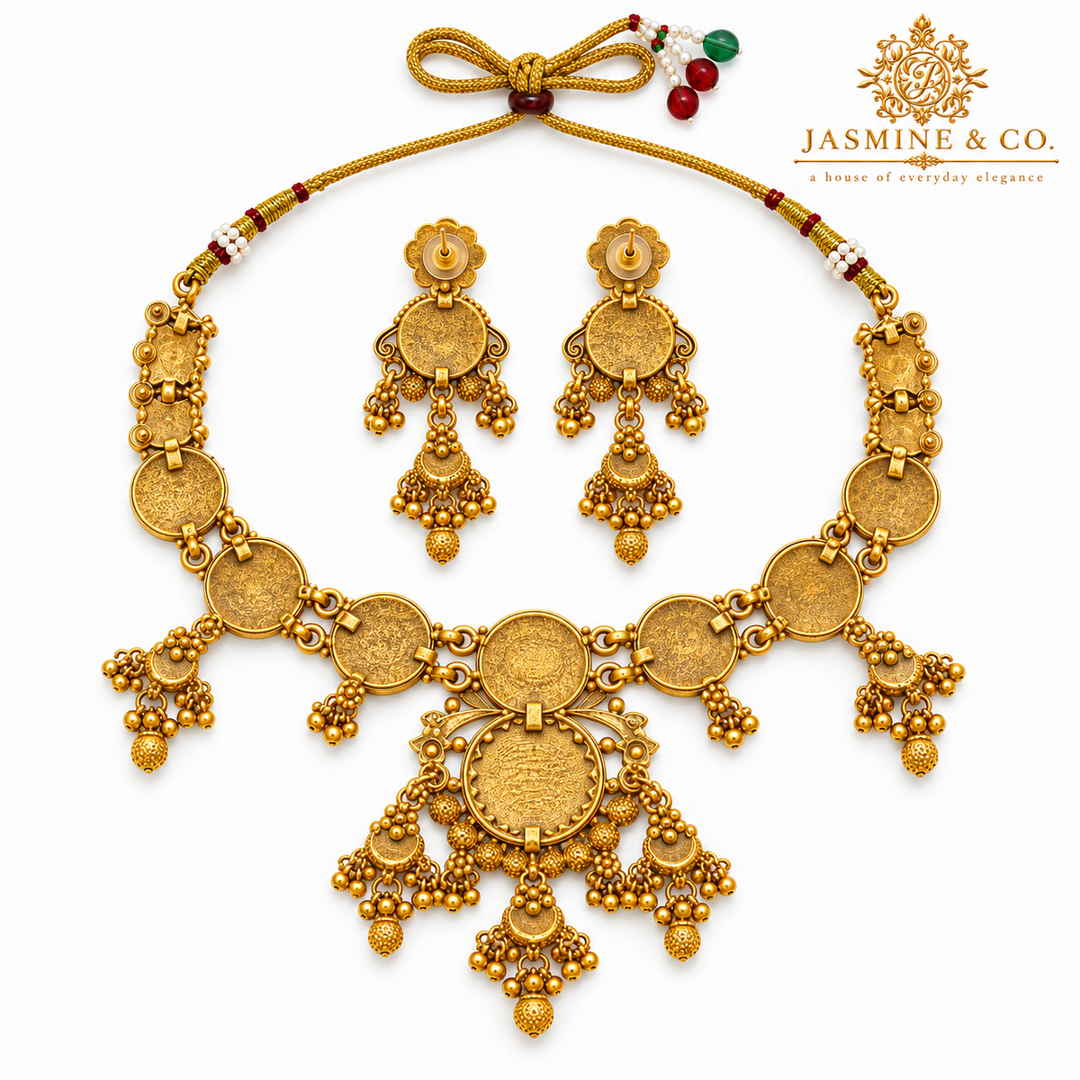 Back side view of gold-plated round green stone necklace set with matching earrings