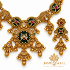 Close-up detail of gold-plated round green stone necklace set