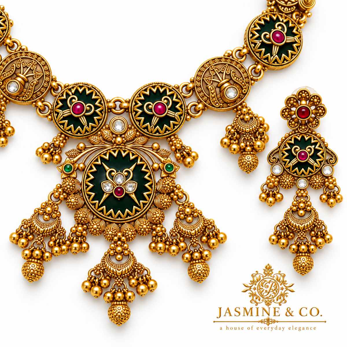 Close-up detail of gold-plated round green stone necklace set
