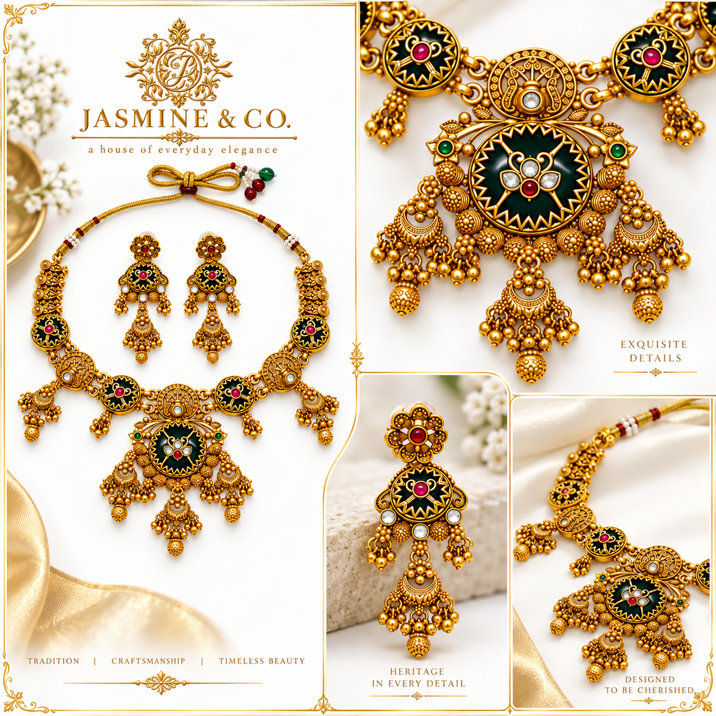 Multi-angle collage of gold-plated round green stone necklace set