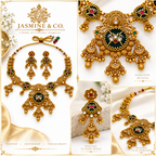 Multi-angle collage of gold-plated round green stone necklace set