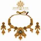 Gold-plated round green stone necklace set with matching earrings, studio hero image