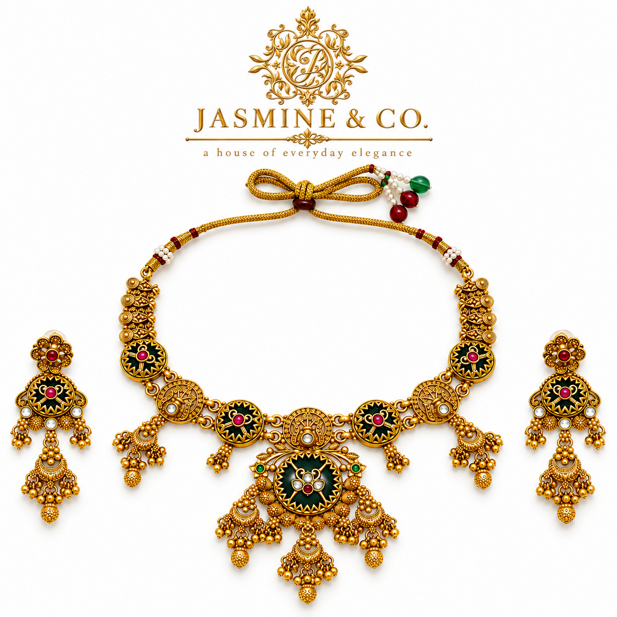 Gold-plated round green stone necklace set with matching earrings, studio hero image