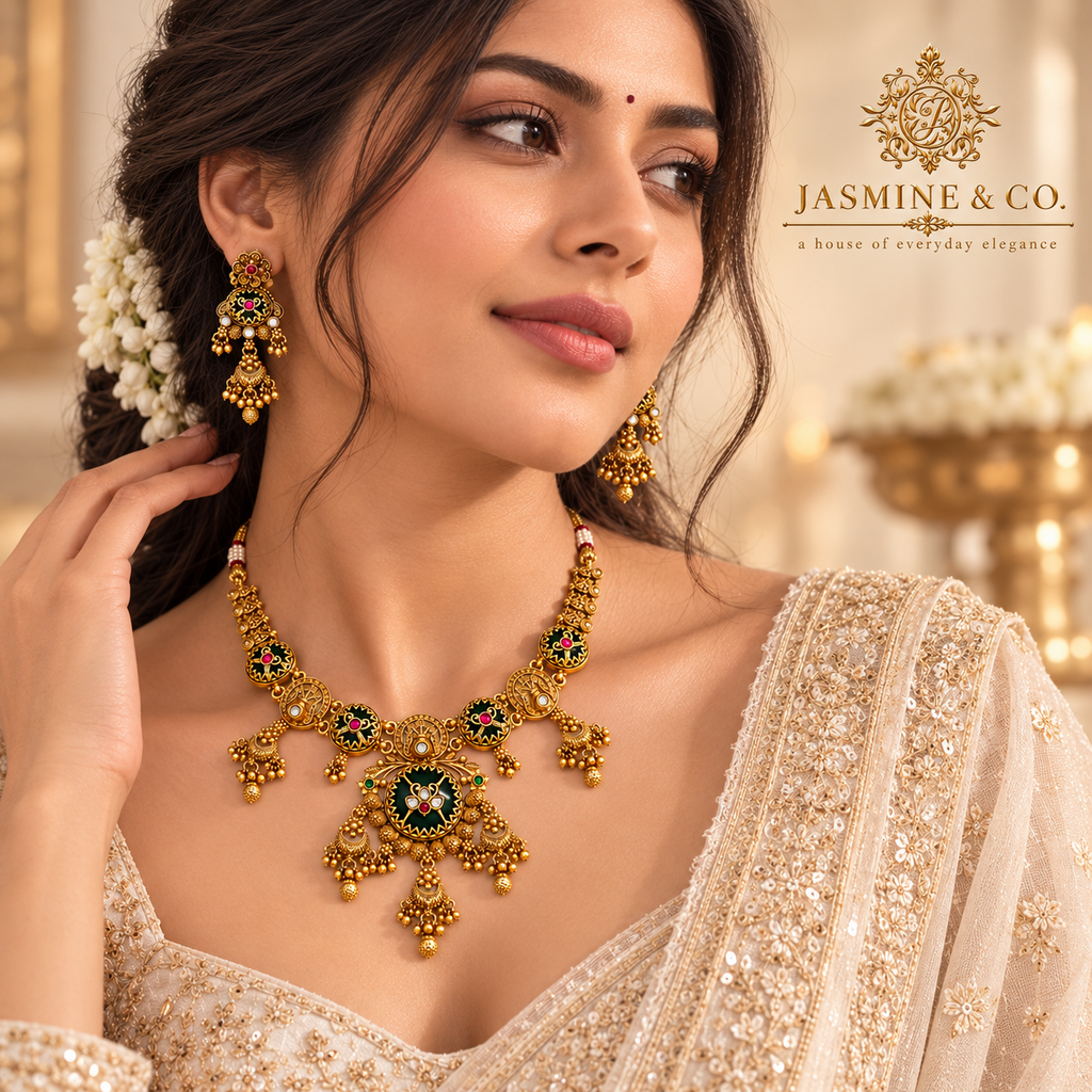 Model wearing gold-plated round green stone necklace set with matching earrings