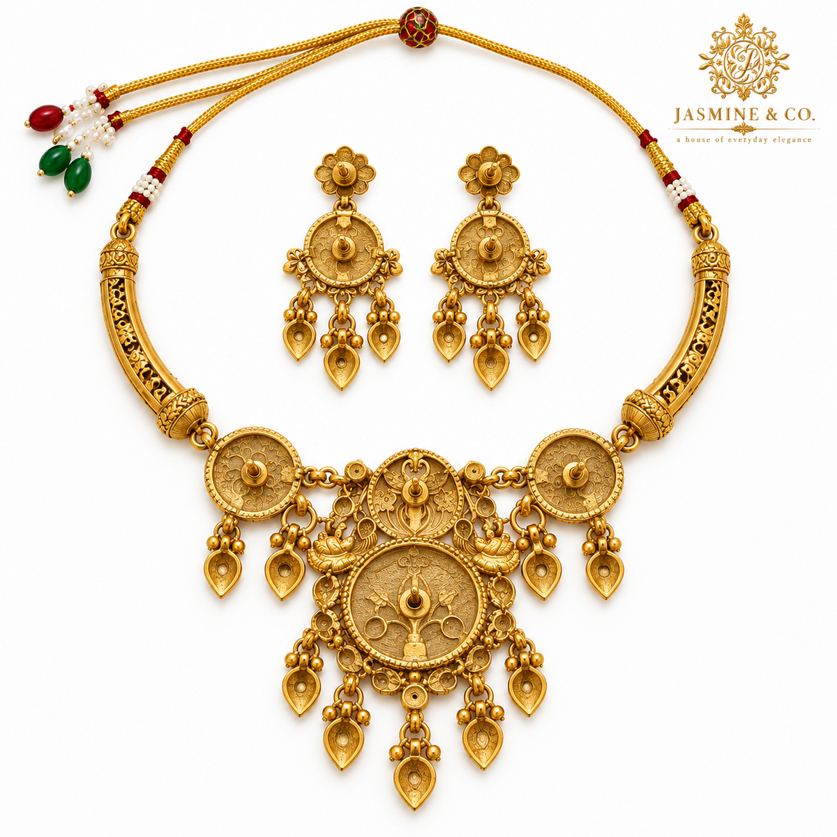 Product characteristics of gold-plated round light green stone necklace set