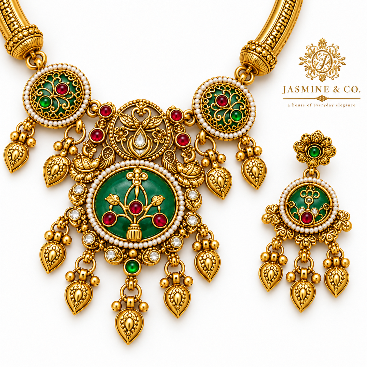 Close-up detail of gold-plated round light green stone necklace set