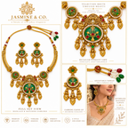 Multi-angle collage of gold-plated round light green stone necklace set