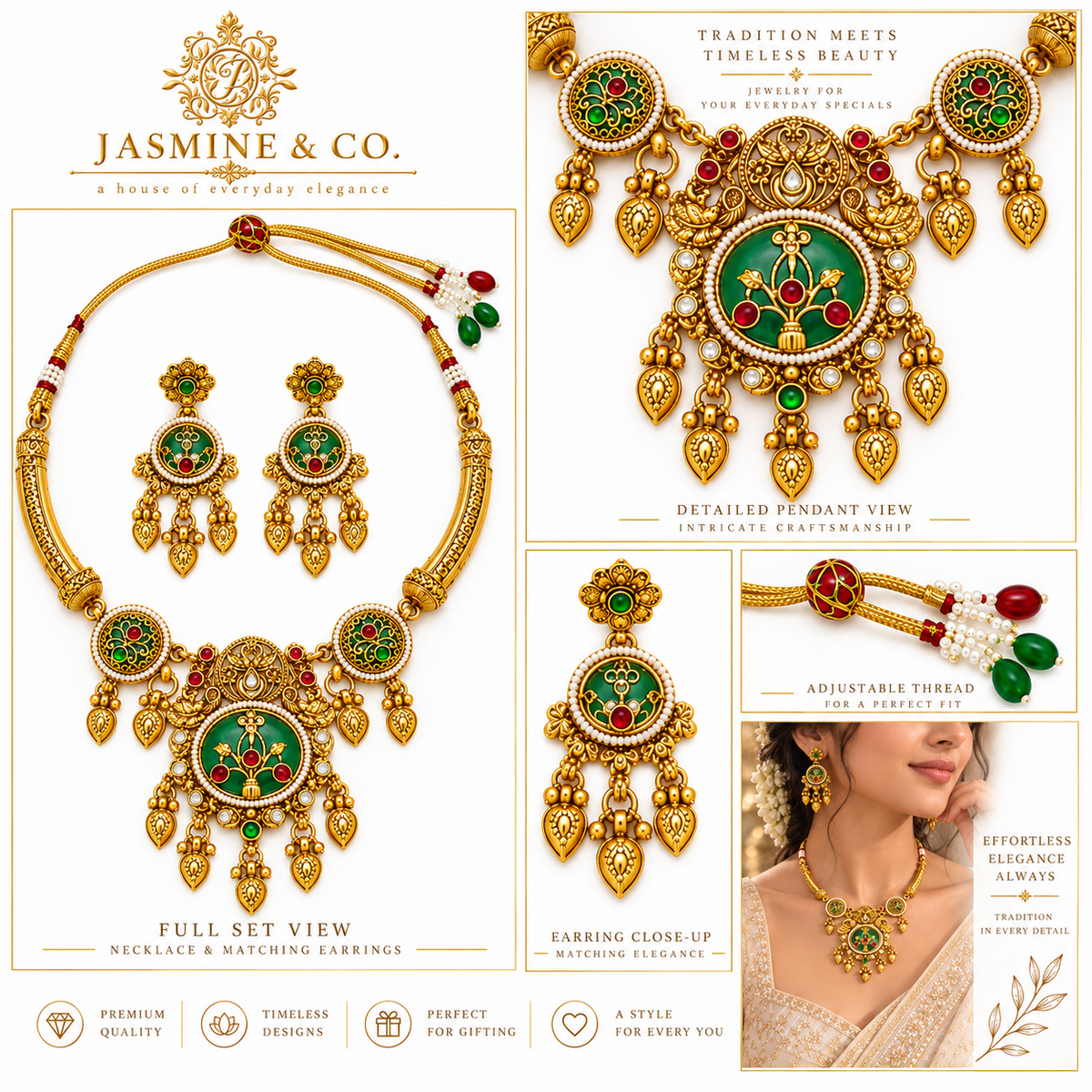 Multi-angle collage of gold-plated round light green stone necklace set