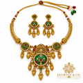 Gold-plated round light green stone necklace set with matching earrings, studio hero image