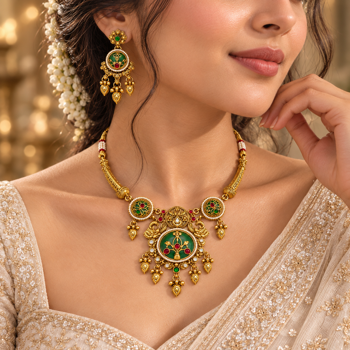Model wearing gold-plated round light green stone necklace set with matching earrings