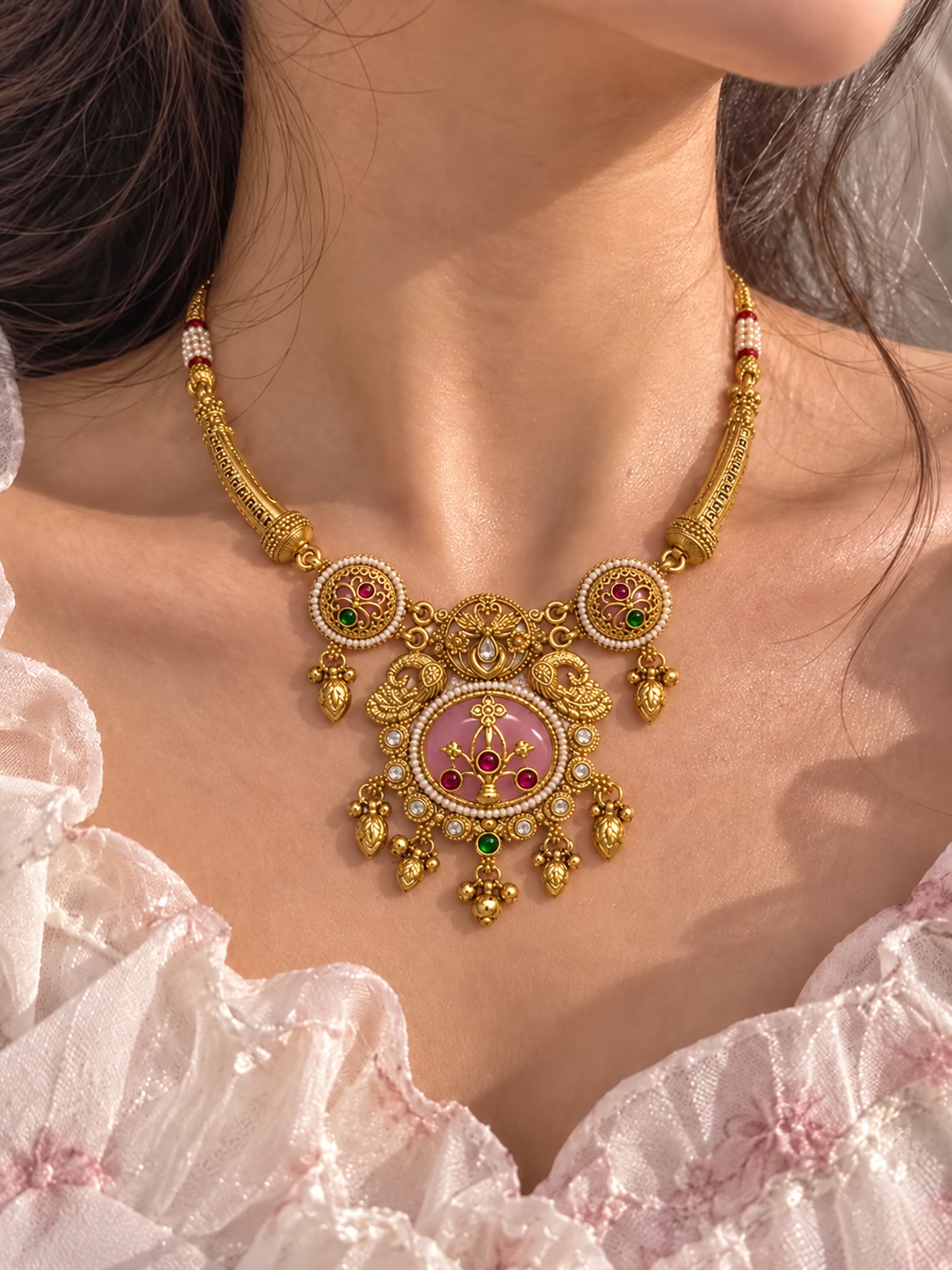 Model wearing gold plated round baby pink stone necklace