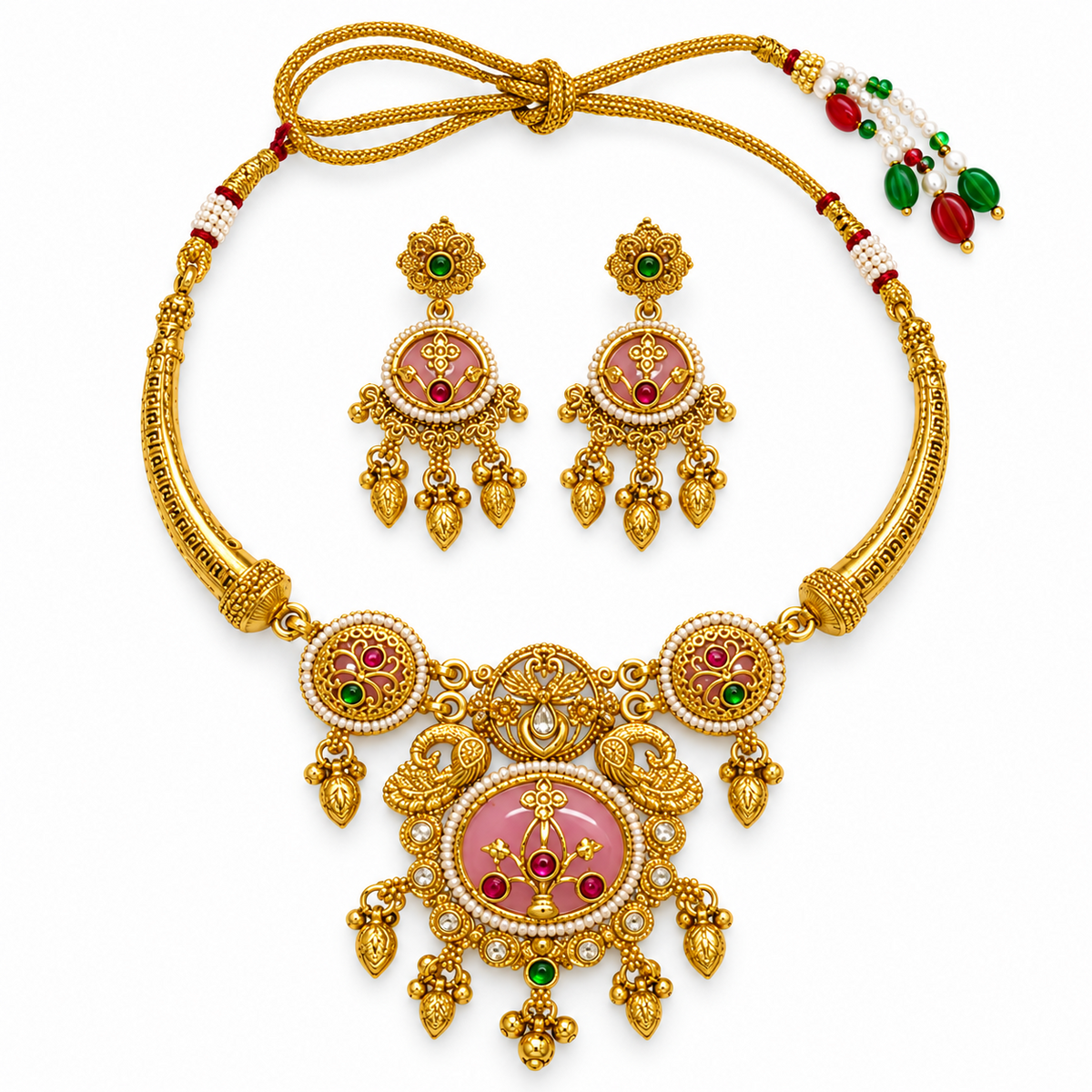 Gold plated round baby pink stone necklace set, studio view