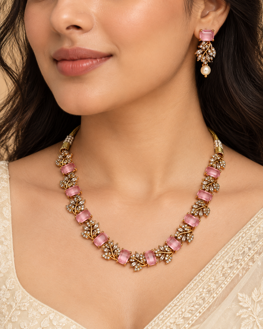 Model wearing AD multi-color gold-plated necklace set baby pink variant