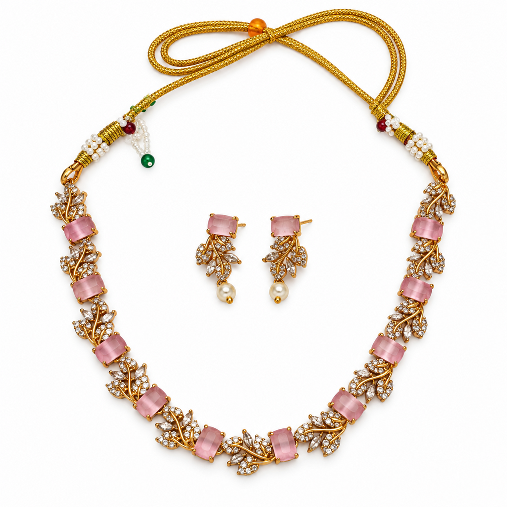 AD multi-color gold-plated necklace set baby pink variant studio image