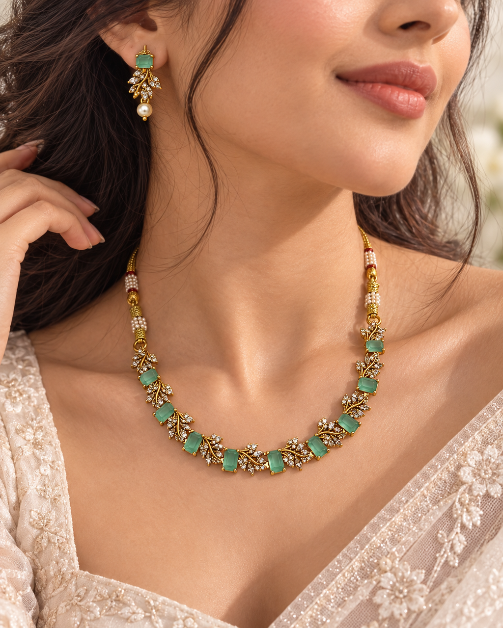 Model wearing AD multi-color gold-plated necklace set light green variant