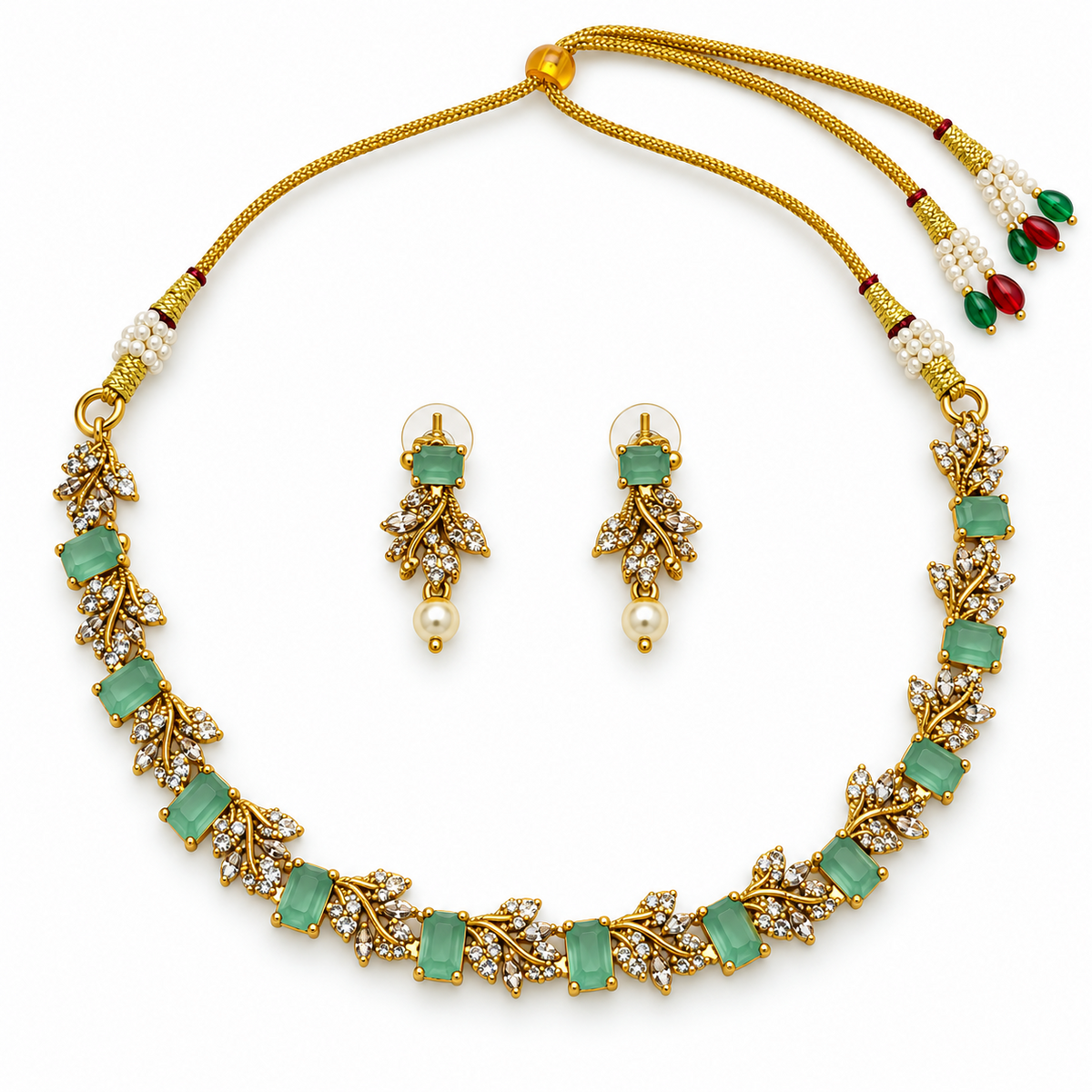 AD multi-color gold-plated necklace set light green variant studio image