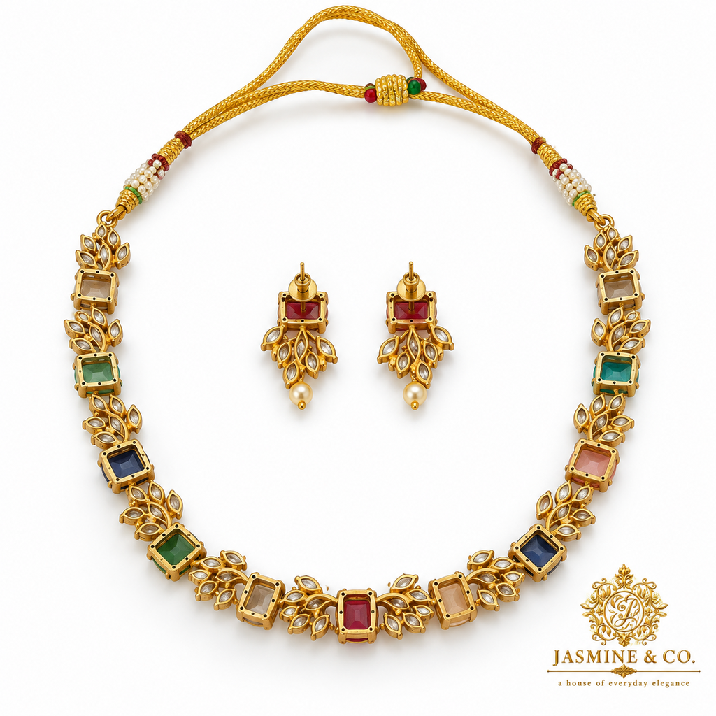Back side view of AD multi-color gold-plated necklace set with matching earrings
