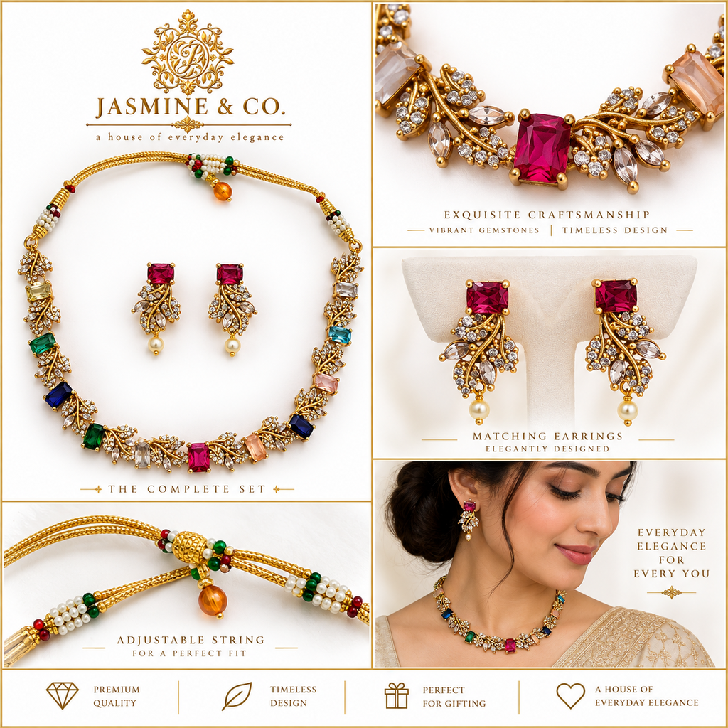 Multi-angle collage of AD multi-color gold-plated necklace set