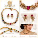 Multi-angle collage of AD multi-color gold-plated necklace set