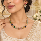 Model wearing AD multi-color gold-plated necklace set with matching earrings