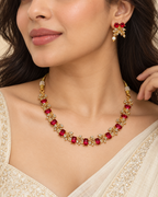 Model wearing gold-plated necklace set red variant