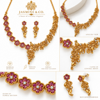 Multi-angle collage of fine stone gold-plated floral and leaf necklace set