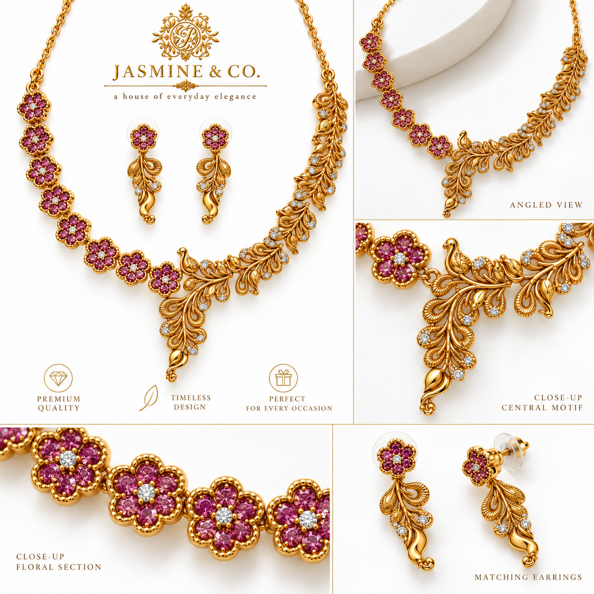 Multi-angle collage of fine stone gold-plated floral and leaf necklace set