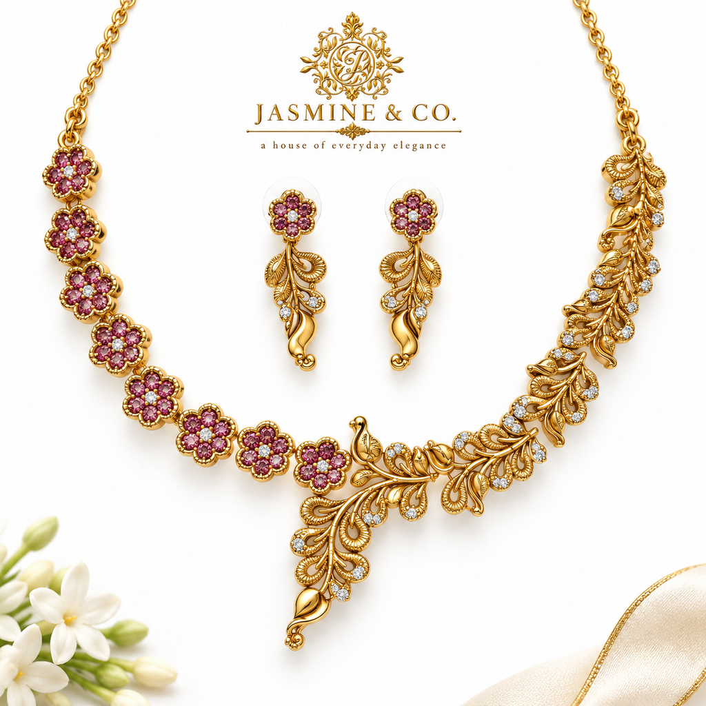 Fine stone gold-plated necklace set with floral and leaf design, studio hero image