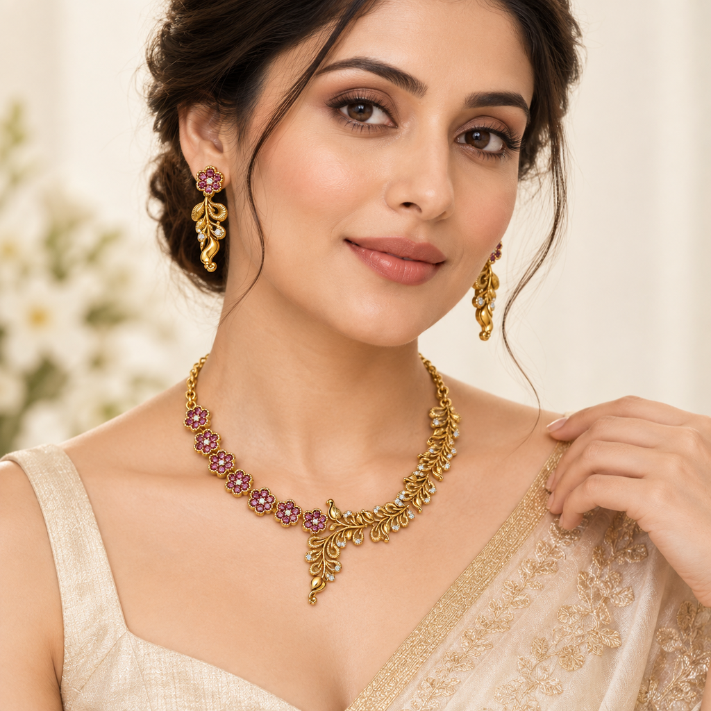 Model wearing fine stone gold-plated floral and leaf necklace set with matching earrings
