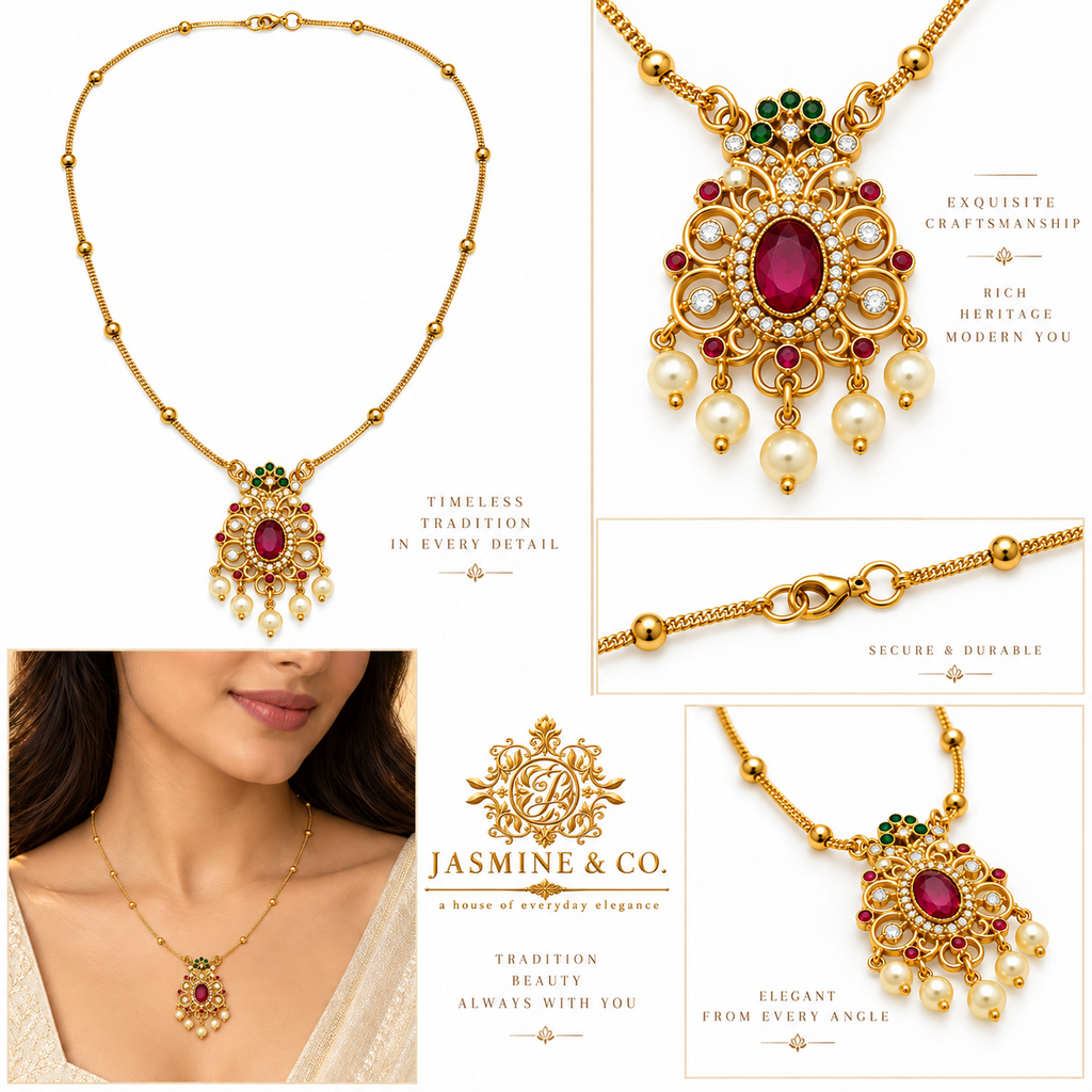 Multi-angle collage of gold-plated red stone pendant necklace
