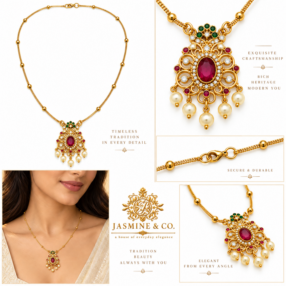 Multi-angle collage of gold-plated red stone pendant necklace