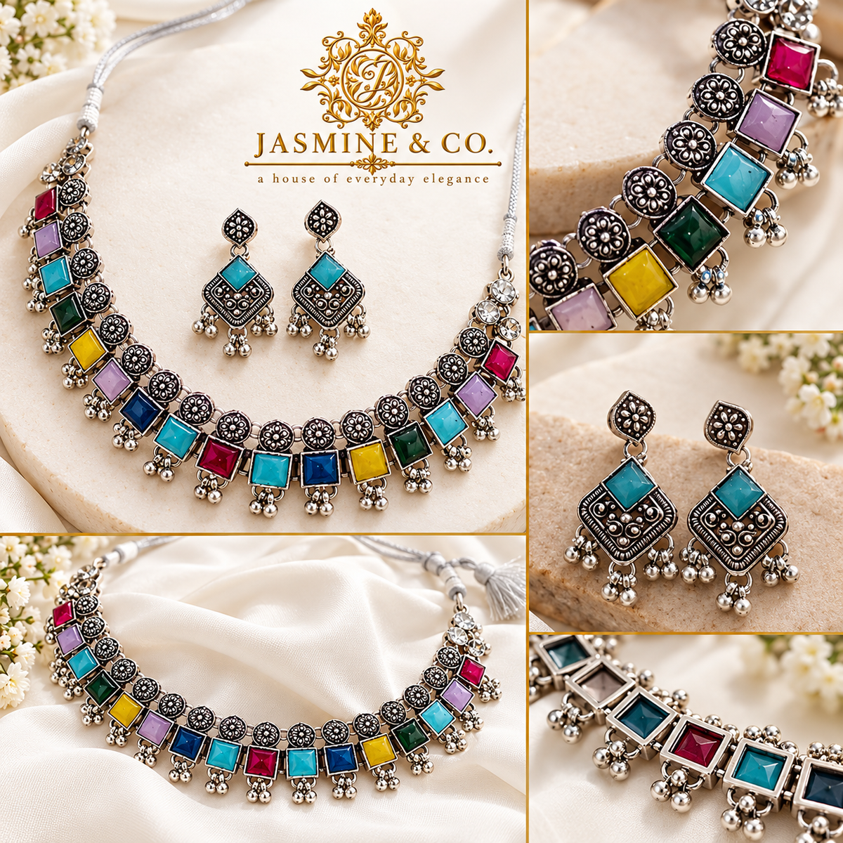 Multiple angles of oxidized silver multicolor necklace and matching earrings