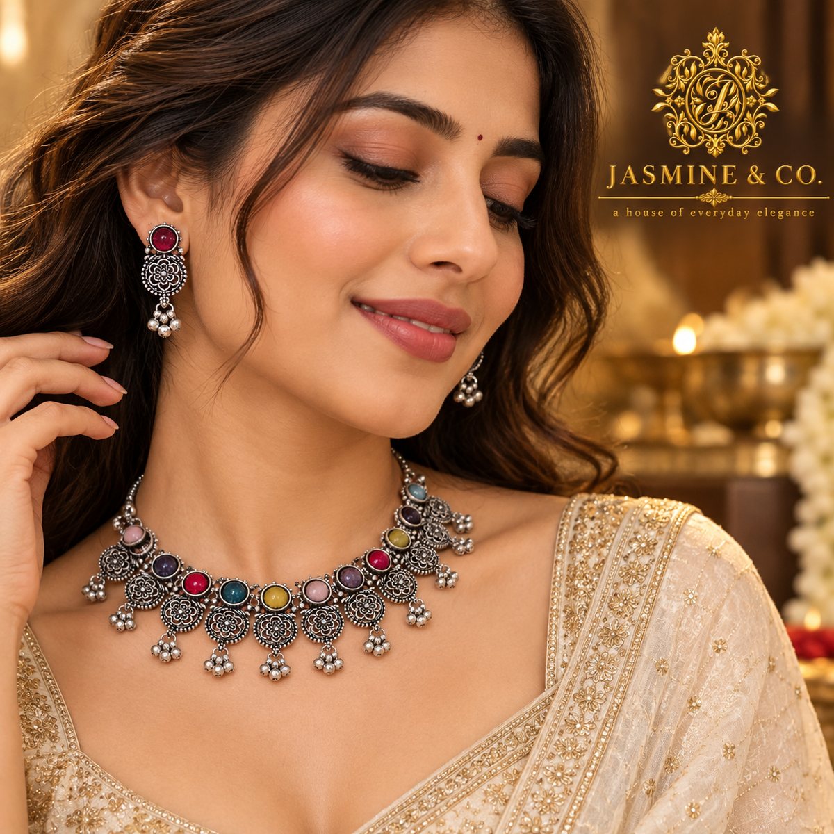 Model wearing oxidized silver-tone necklace and red stone earrings