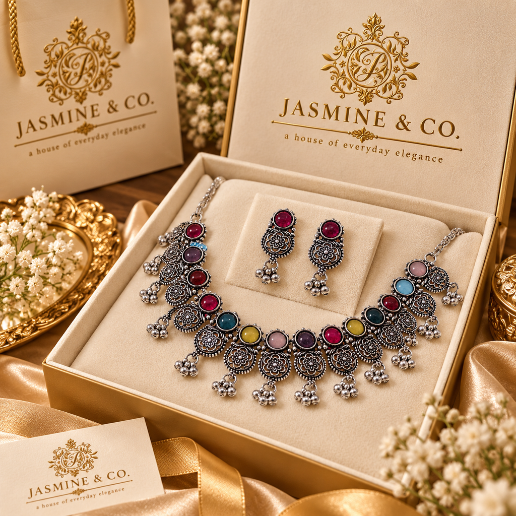 Jasmine & Co branded presentation packaging for necklace set