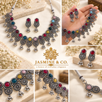Multi-angle collage showing necklace and earring details