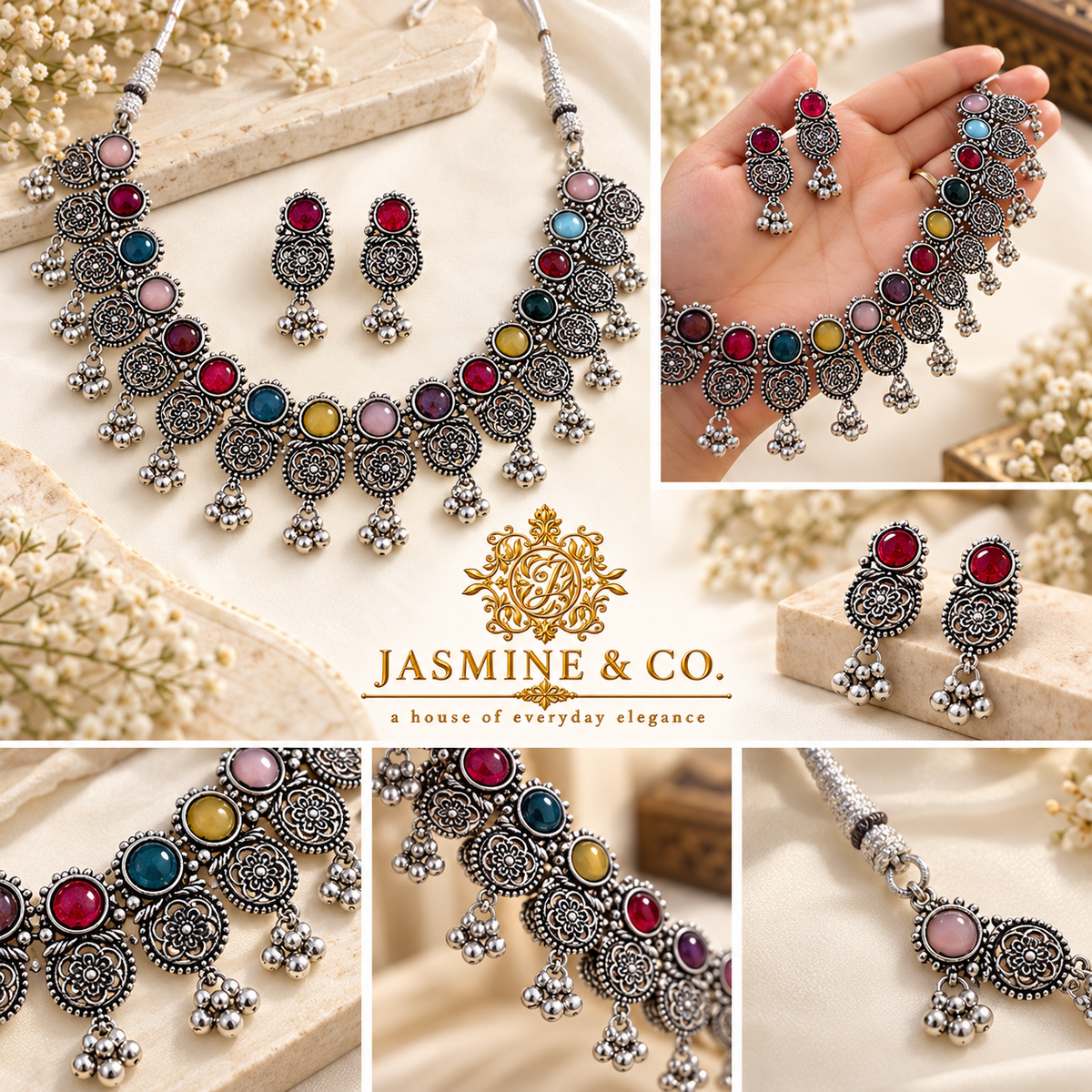 Multi-angle collage showing necklace and earring details