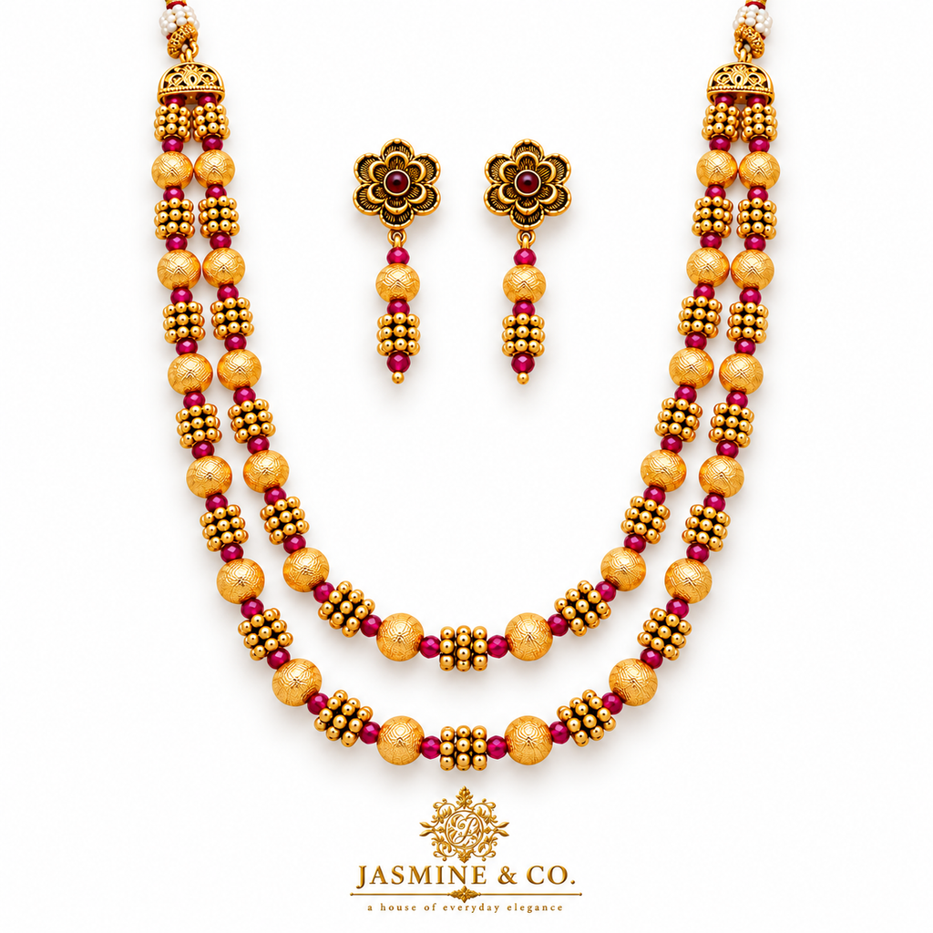 Ruby Pink & Gold Double-Strand Beaded Necklace Set — image 1