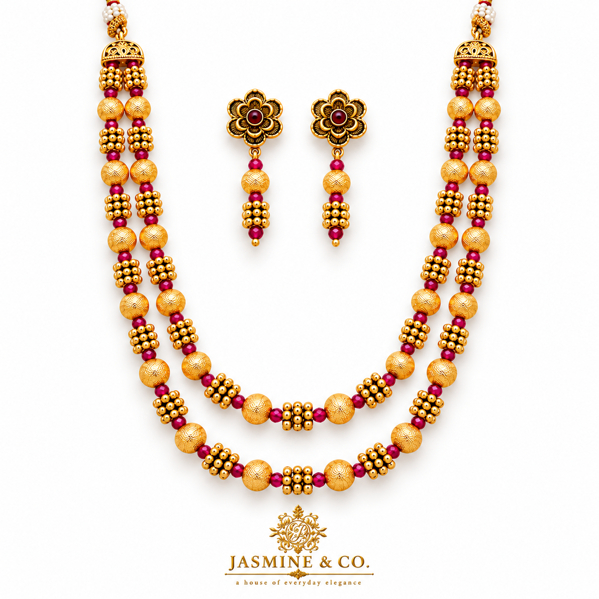 Ruby Pink & Gold Double-Strand Beaded Necklace Set — image 1