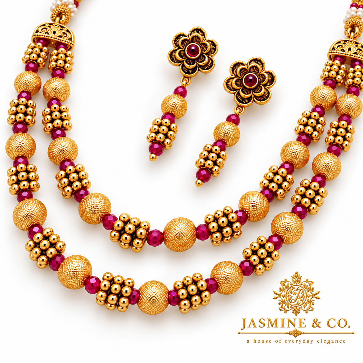 Ruby Pink & Gold Double-Strand Beaded Necklace Set — image 2