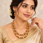 Ruby Pink & Gold Double-Strand Beaded Necklace Set — image 3