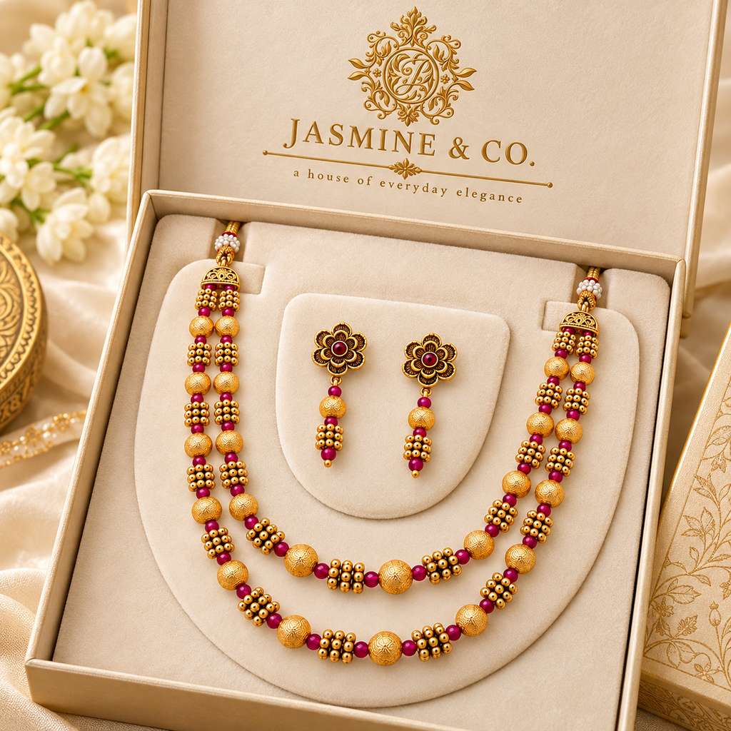 Ruby Pink & Gold Double-Strand Beaded Necklace Set — image 4