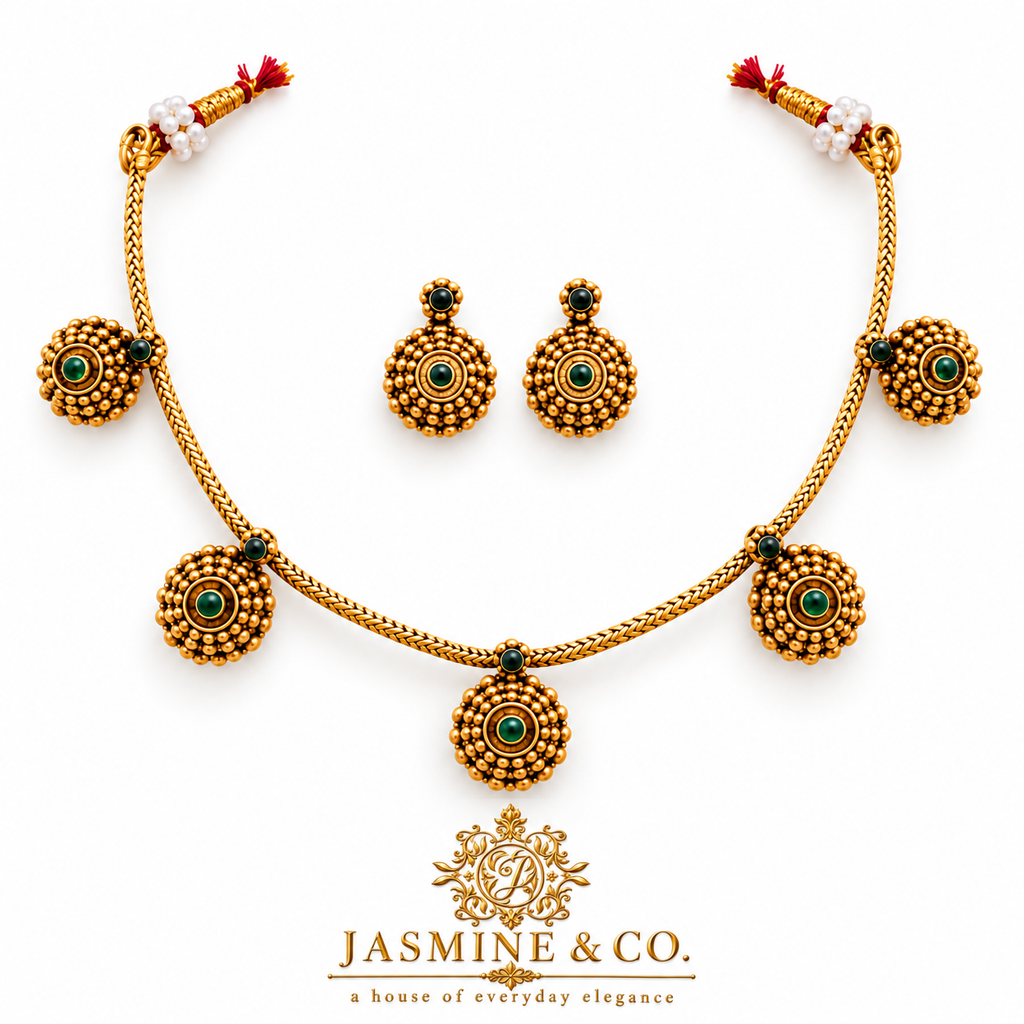 Emerald Green & Antique Gold Five-Drop Necklace Set — image 1