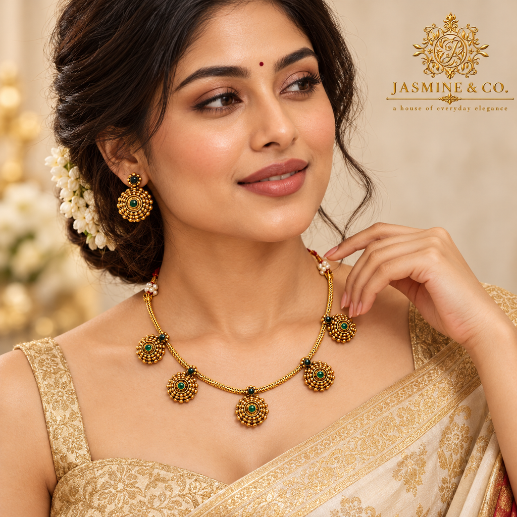 Emerald Green & Antique Gold Five-Drop Necklace Set — image 3