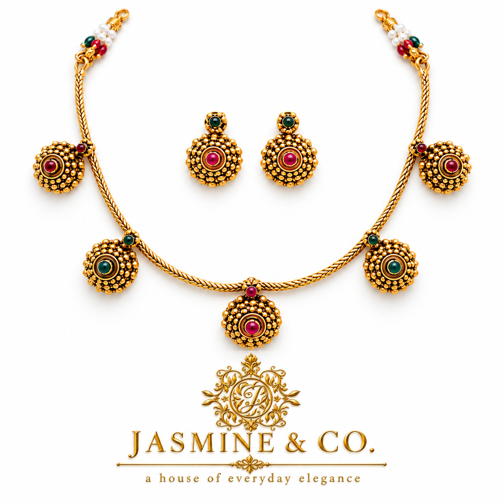 Ruby & Emerald Five-Drop Gold Beaded Necklace Set — image 1