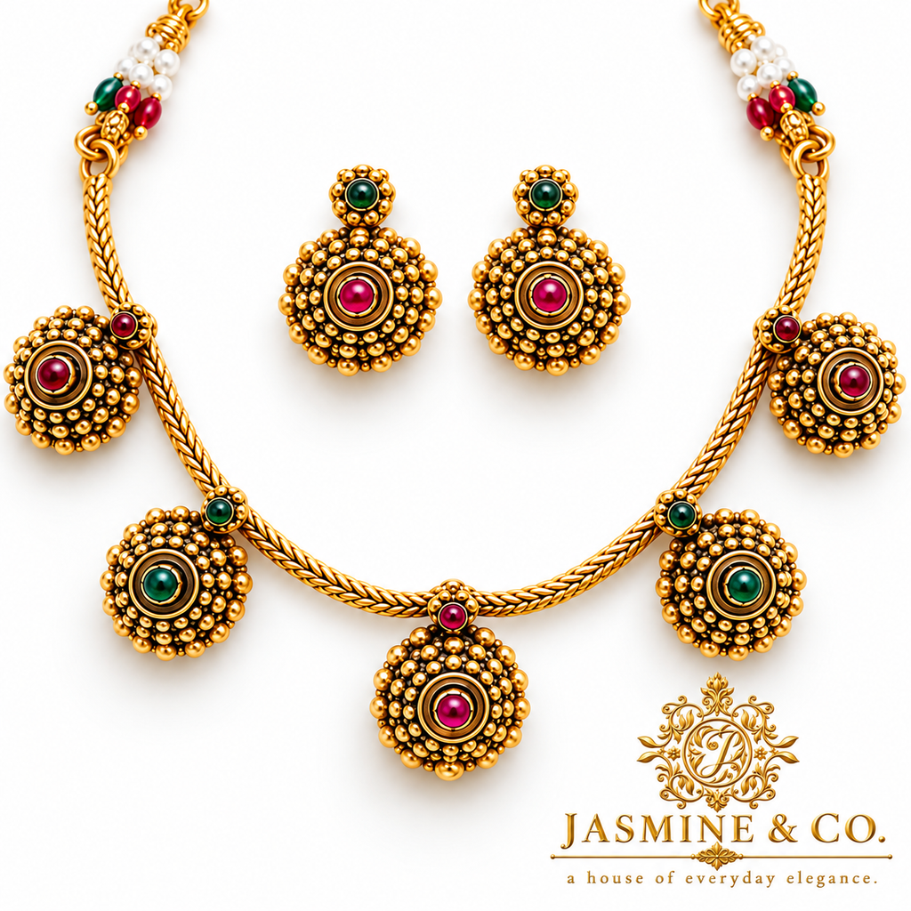 Ruby & Emerald Five-Drop Gold Beaded Necklace Set — image 2