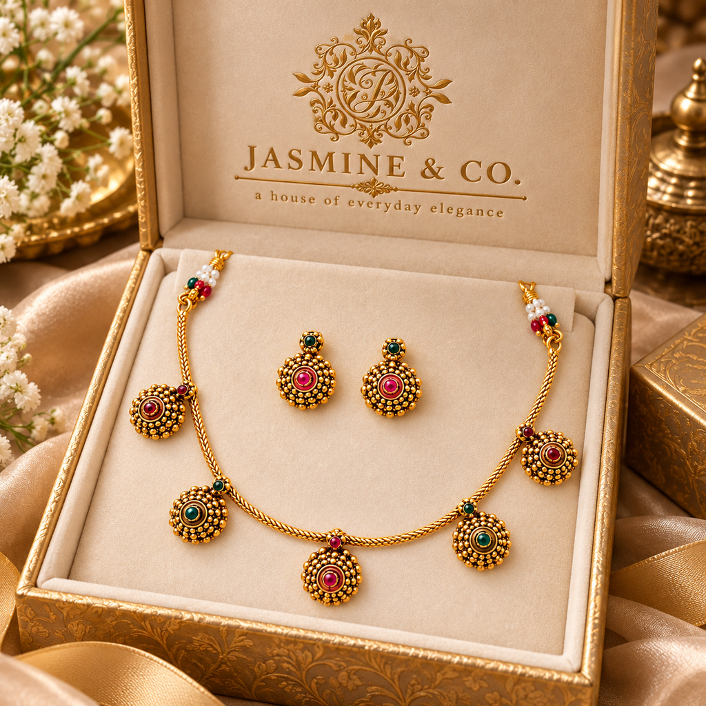 Ruby & Emerald Five-Drop Gold Beaded Necklace Set — image 4
