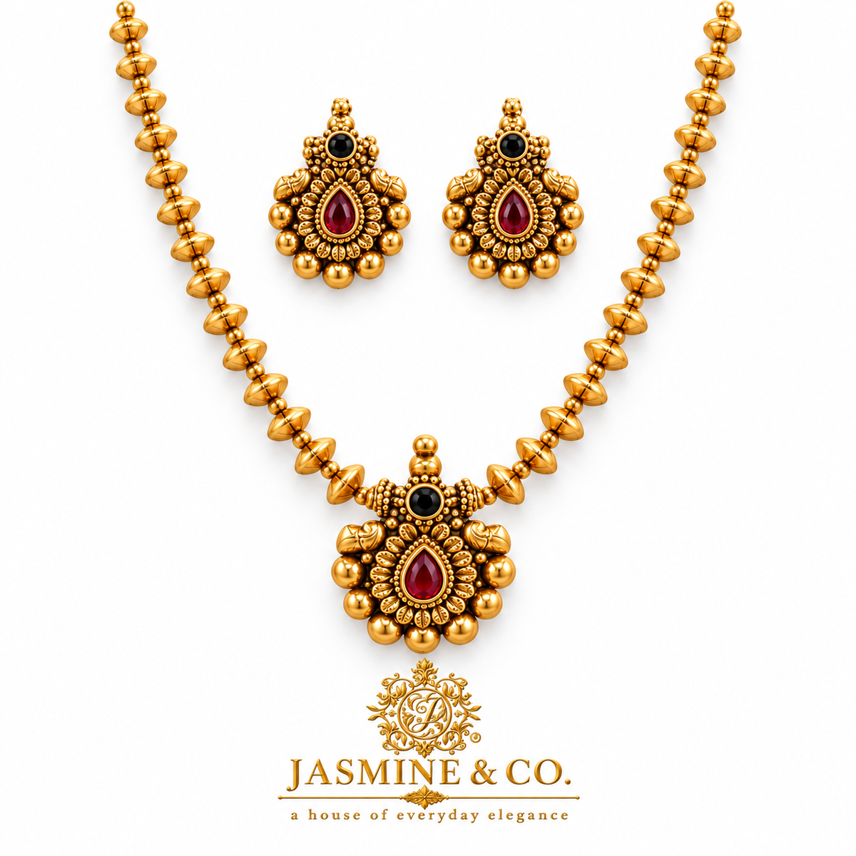 Ruby Teardrop Gold Bead Temple Necklace Set — image 1
