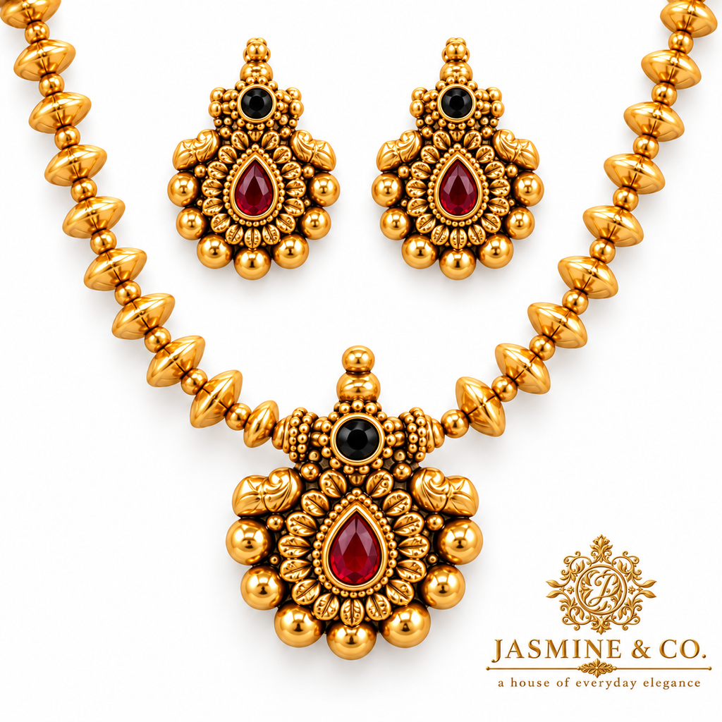 Ruby Teardrop Gold Bead Temple Necklace Set — image 2